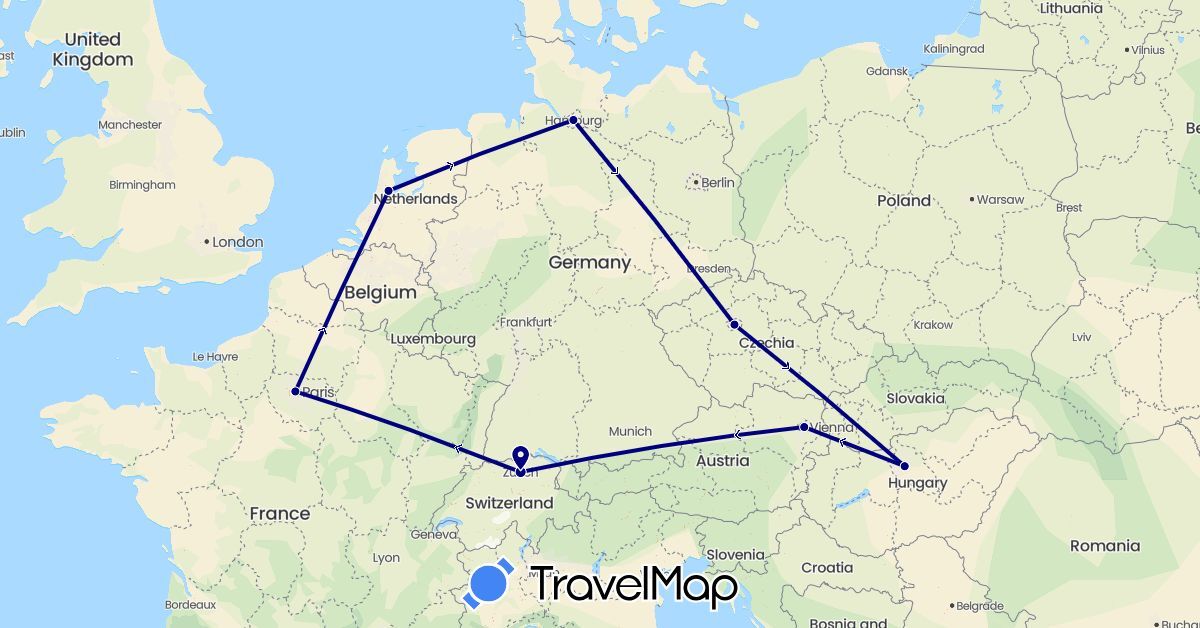 TravelMap itinerary: driving in Austria, Switzerland, Czech Republic, Germany, France, Hungary, Netherlands (Europe)